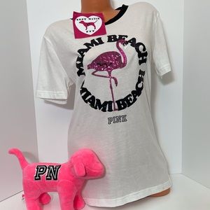 Victoria’s Secret PINK XS Sequin Bling Logo Miami Beach T-shirt